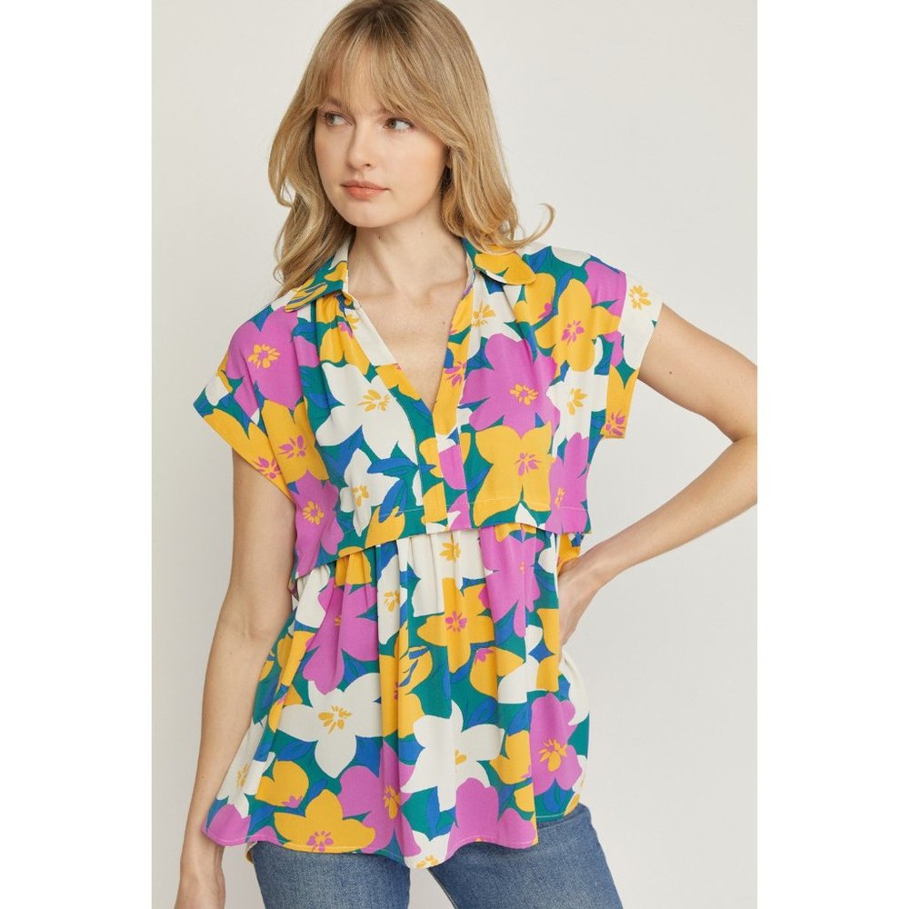 Entro Floral Print V-Neck Top, Orchid
